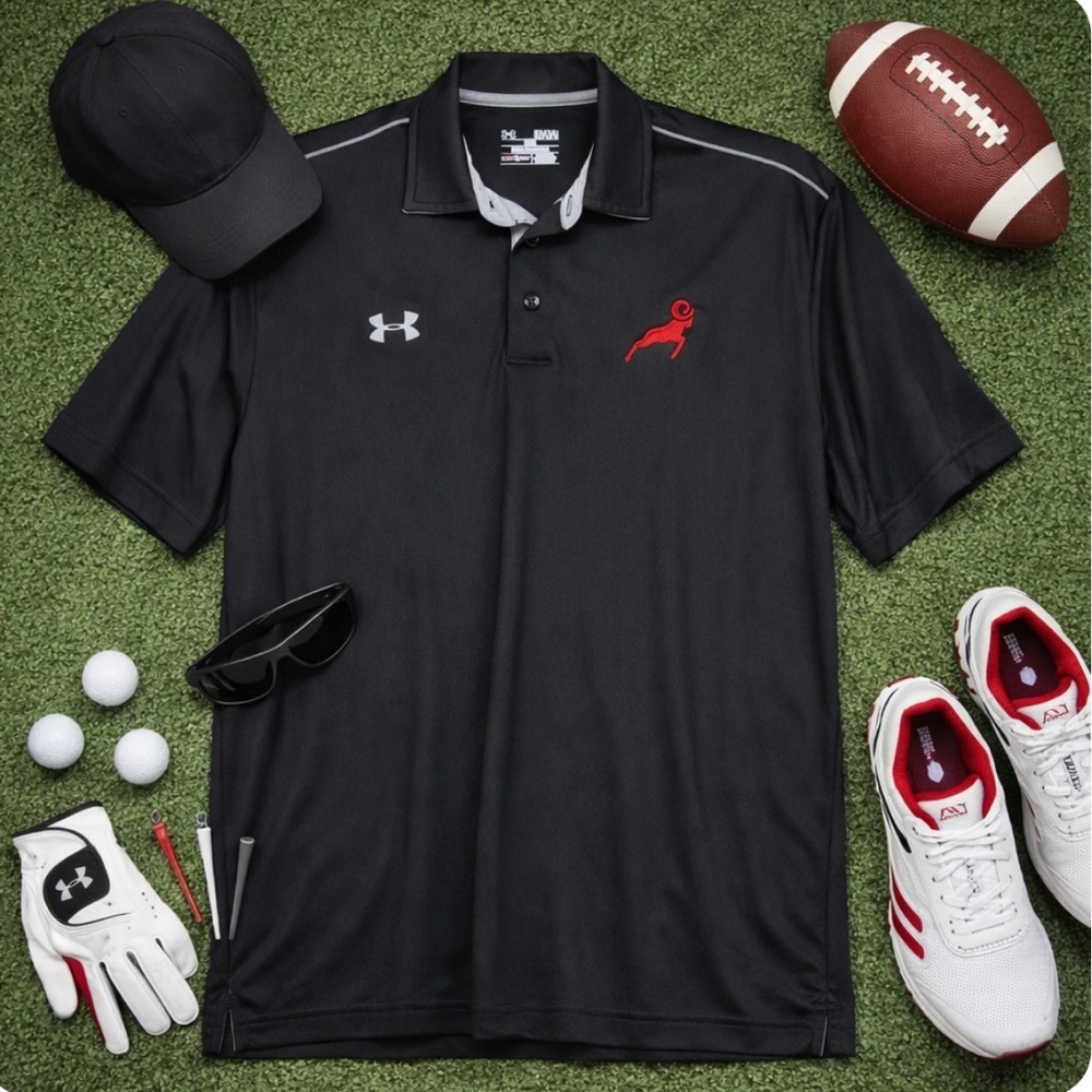 Men's Under Armour Heat Gear Loose RAMS Black Polo Shirt Size Med Red Ram Emblem